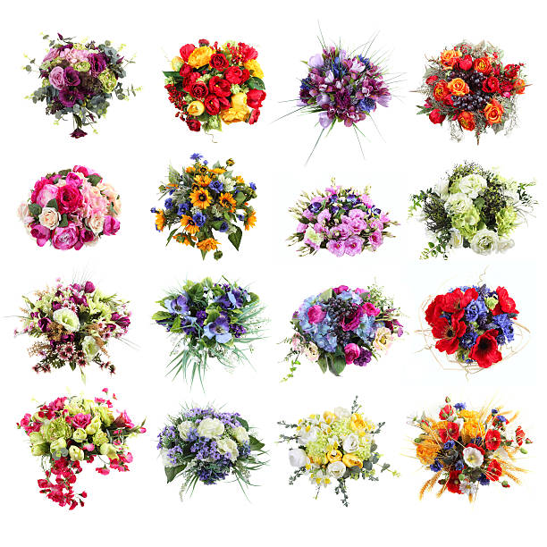 ensemble de bouquets colorés de fleurs isolées synthétiques - rose bouquet flower single flower photos et images de collection
