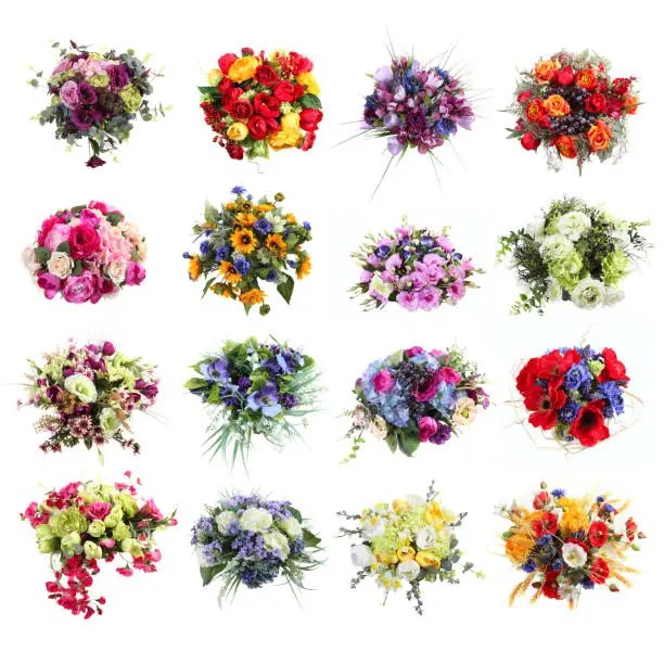 Photo of set of colorful bouquets of artificial flowers isolated