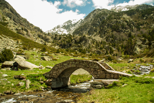 snow capped mountains with river and a stone bridge