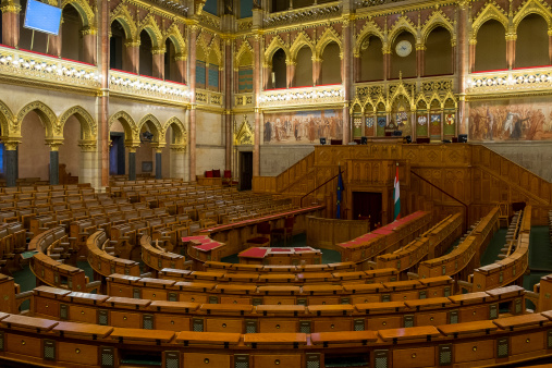 The parliament building is symmetrical with two identical chambers: one for politics and one for guided tours. This is not the one where the parliament meets.