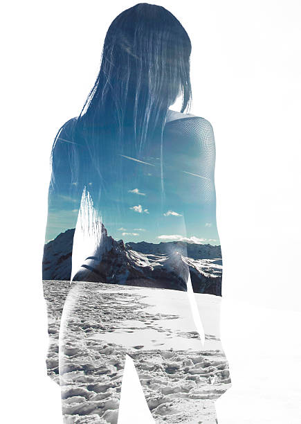 istock Double exposure of beautiful model back and mountainscape 466222280