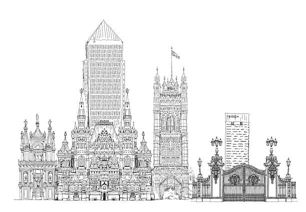 sketch collection of famous buildings - bank of england stock illustrations
