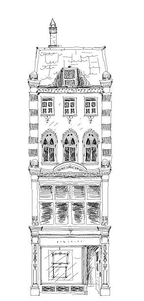ilustrações, clipart, desenhos animados e ícones de old english town house bond street, londres. coleção de esboço - looking through window individuality old architecture