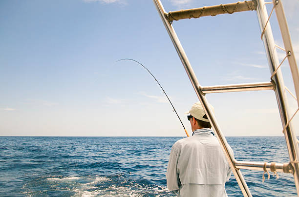 istock Big game fishing with bent rod and hooked fish 466228777
