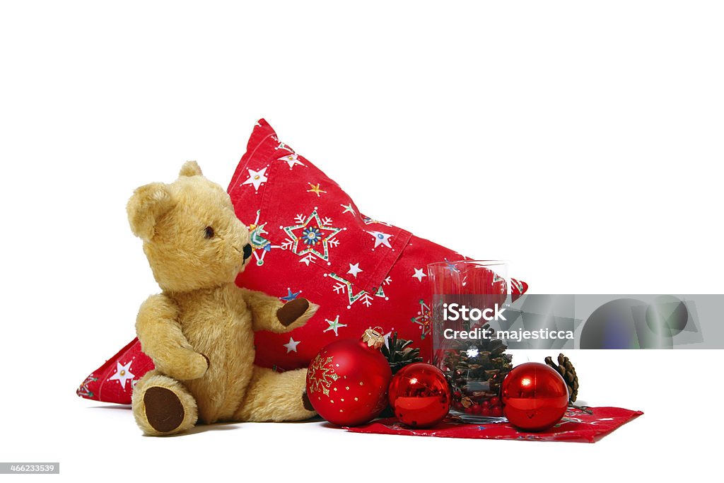 Christmas decorations isolated on white background Teddy bear, red balloons, red pillows, cones, glass vases, napkin Bear Stock Photo