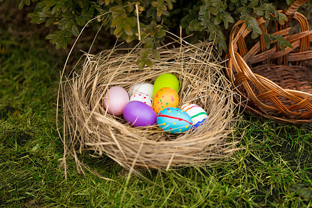 istock shot of colored Easter eggs lying in basket on yard 466234214