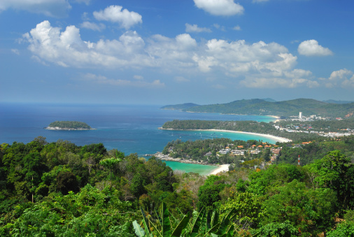 Aerial view on the coastline of the Seychelles Islands from Zimbabwe viewpoint, Praslin