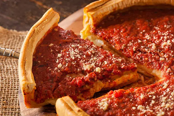 Chicago Style Deep Dish Cheese Pizza with Tomato Sauce