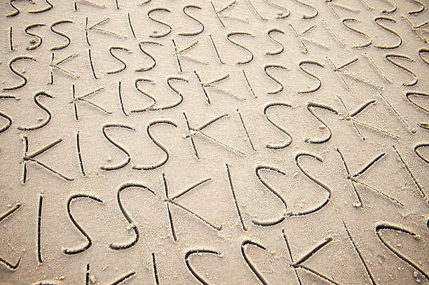 istock Kiss Message Full Frame Handwritten in Sand 466237057