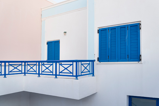 Blue window and balcony at the hotel in Santorini Island