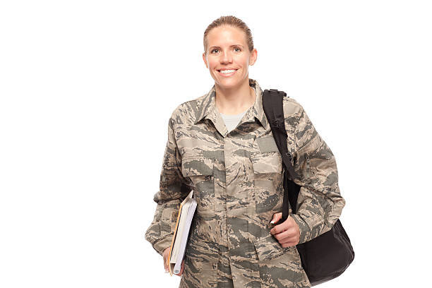 istock Female airman with shoulder bag and books 466238124