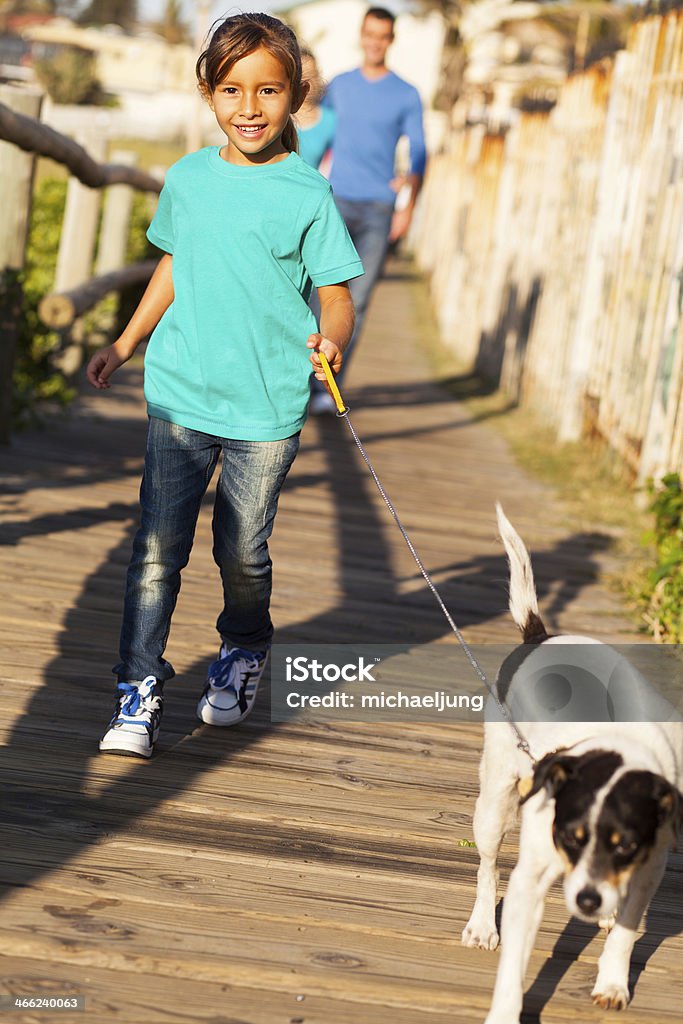 little girl walking her dog beautiful little girl walking her dog in the morning with parents Child Stock Photo