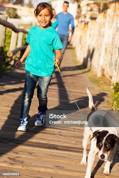 Little Girl Walking Her Dog Stock Photo - Download Image Now - Child, Dog, Running