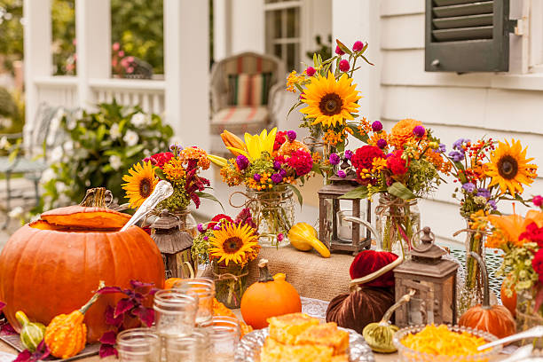 istock Fall Autumn Table With Sun Flowers and Pumpkins 466240204