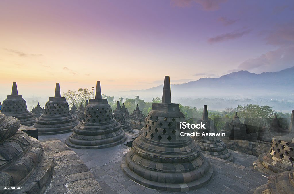 Sunrise Borobudur Temple Stupa in Yogyakarta, Java, Indonesia. Architecture Stock Photo