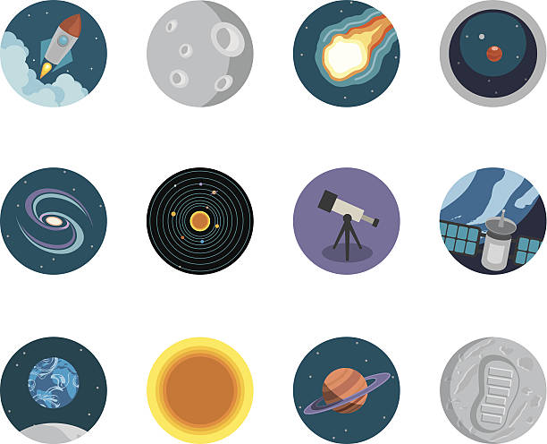 ilustrações de stock, clip art, desenhos animados e ícones de astronomia círculo ícones - rocket earth planetary moon sky