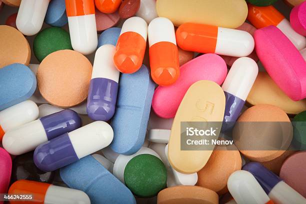 Pills And Capsules Stock Photo - Download Image Now - Addiction, Backgrounds, Blue