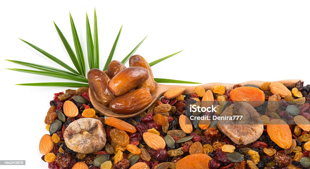 Mix nuts, dry fruits and pumpkin seeds Different varieties mix of dried fruits and nuts and green leaf of palm isolated on white background. Selective focus is on the spoon with dates. 2015 Stock Photo