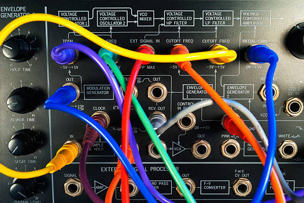 vintage analog synthesizer with patch panel and cords