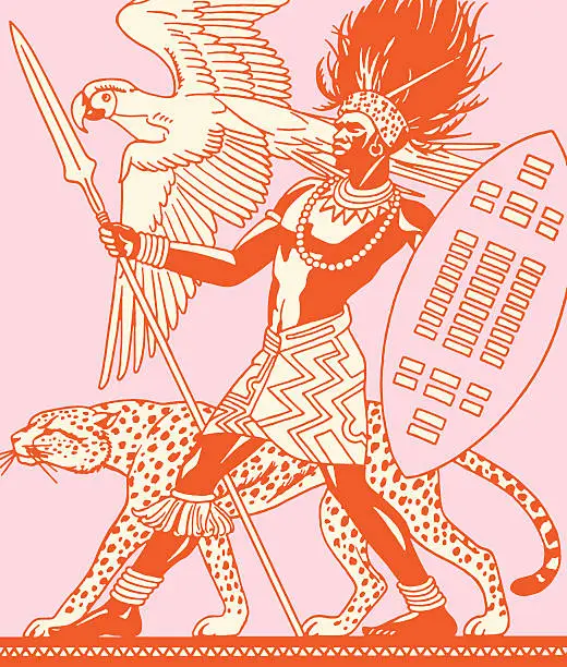 Vector illustration of African Warrior With Bird and Cheetah