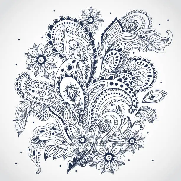 Vector illustration of Black and white floral Indian ornament on white background