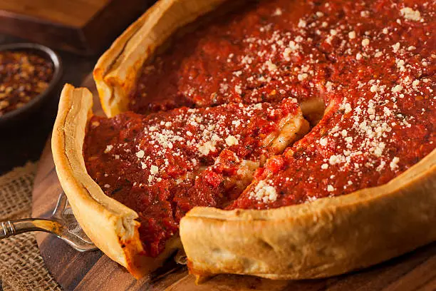 Chicago Style Deep Dish Cheese Pizza with Tomato Sauce