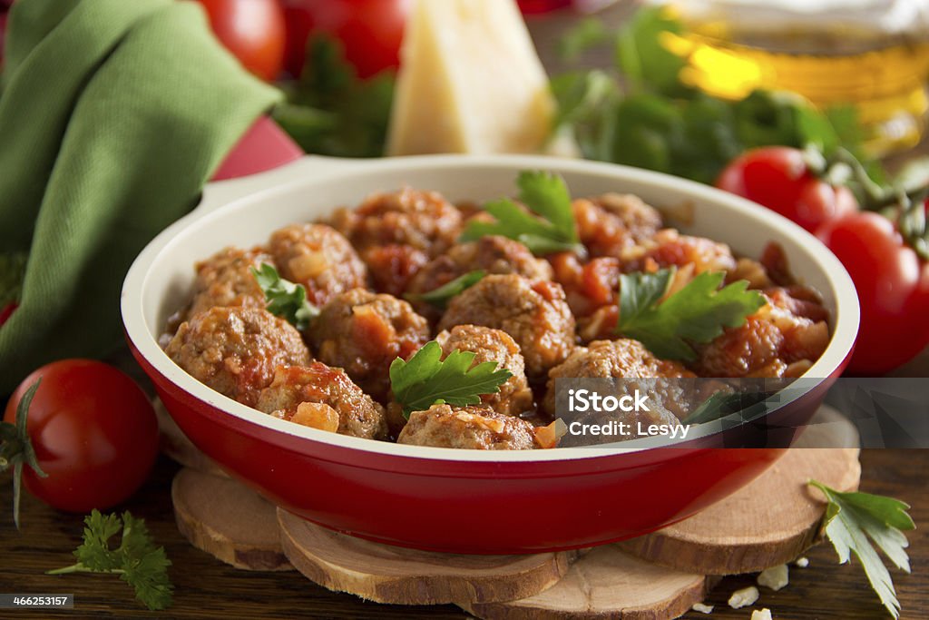 Meatballs in Italian tomato sauce. Basil Stock Photo