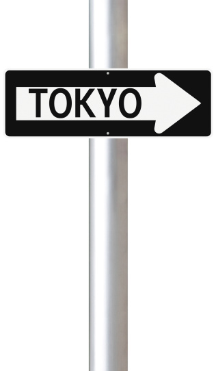 A modified one way sign indicating Tokyo