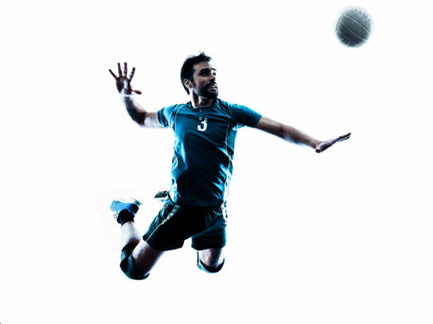 man volleyball jumping silhouette one caucasian man volleyball jumping in studio silhouette isolated on white background in studio silhouette isolated on white background male volleyball player stock pictures, royalty-free photos & images
