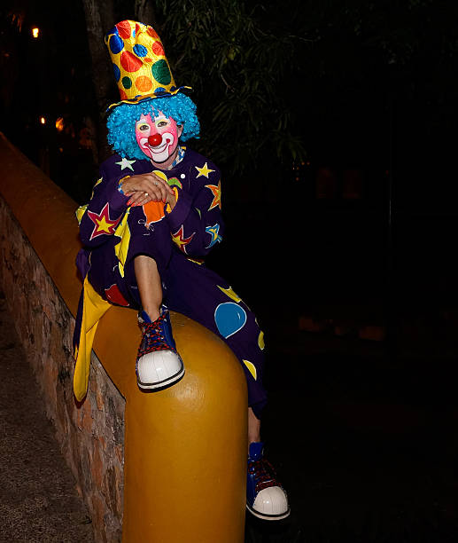 istock Clown sitting on a wall in the park at night. 466259706