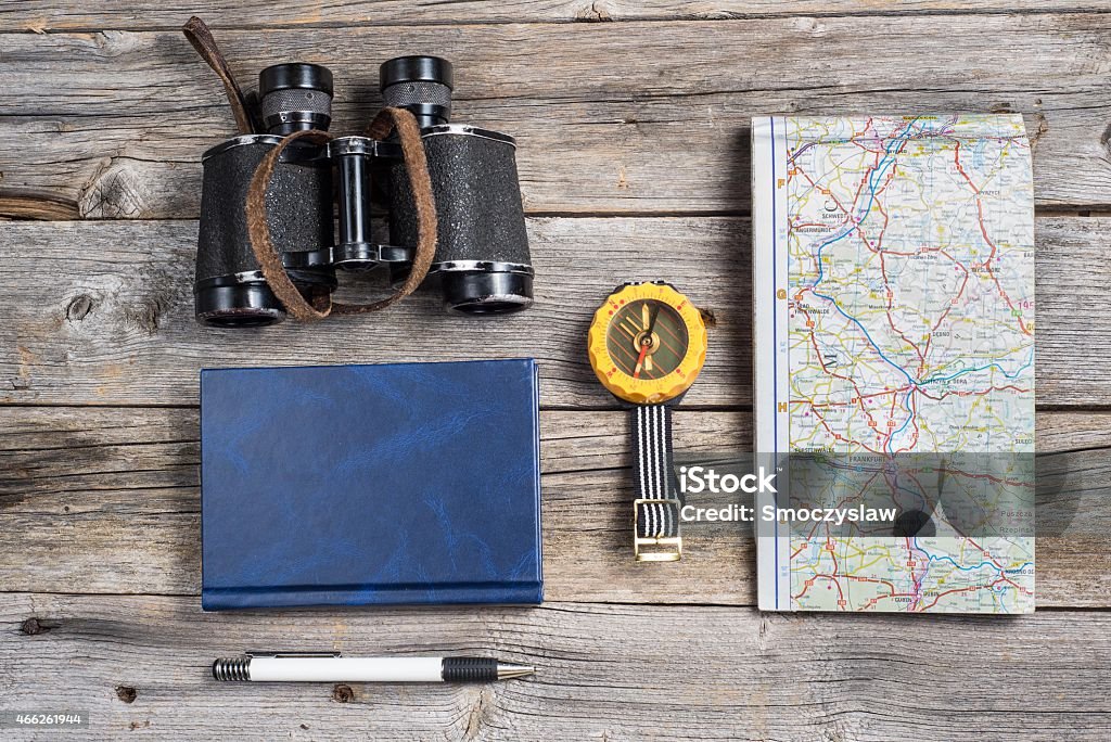 Traveler's equipment Traveler's equipment include map binocullars notebook pen and compass Model Kit Stock Photo