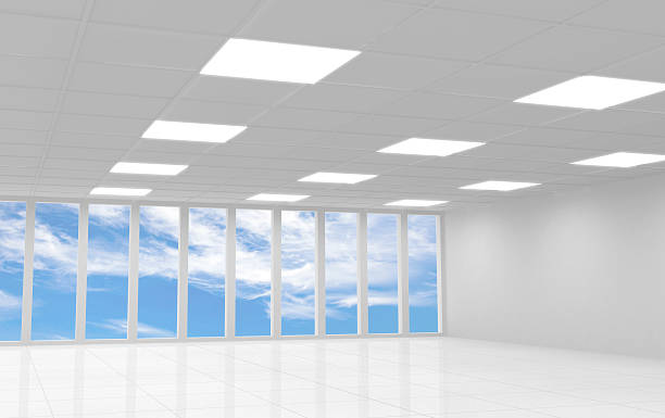 istock Abstract white office 3d interior with blue sky behind windows 466265517