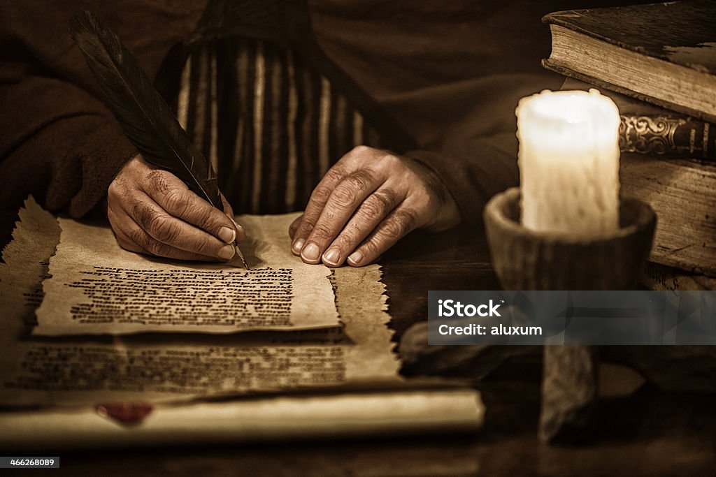 Scribe writing Scribe writing old document Medieval Stock Photo