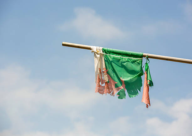 bandeira galesa montada em um horizontal do mastro da bandeira olhando muito usada - welsh flag welsh culture flag green - fotografias e filmes do acervo