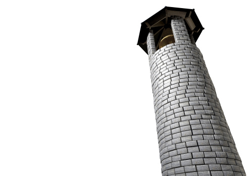 A plain stone tower turret bell tower with a wood and iron roof and a golden metal bell on an isolated white background