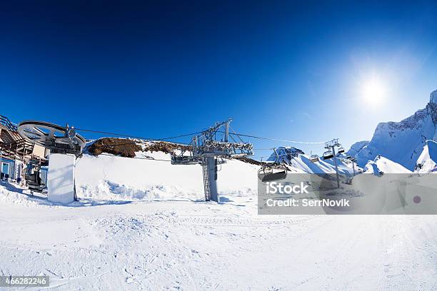 Ski Resort Panorama With Piste And Skilift Ropeway Stock Photo - Download Image Now - 2015, Activity, Alpine Skiing