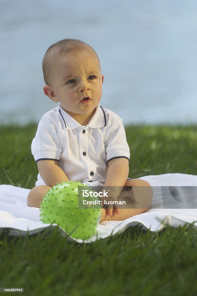 Europeu de bebê sentado na grama - 10 meses - Foto de stock de 0-11 meses royalty-free