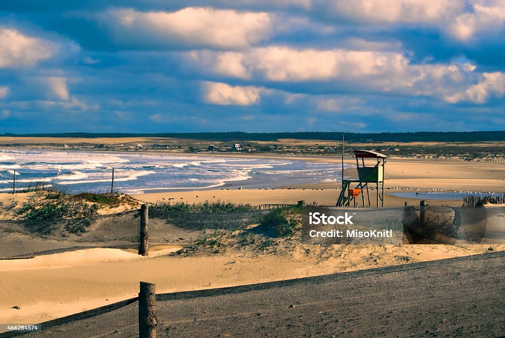 Lifeguard tower Amazing view of a lifeguard tower standing on a beach in Cabo Polonio at sunset Cabo Polonio Stock Photo