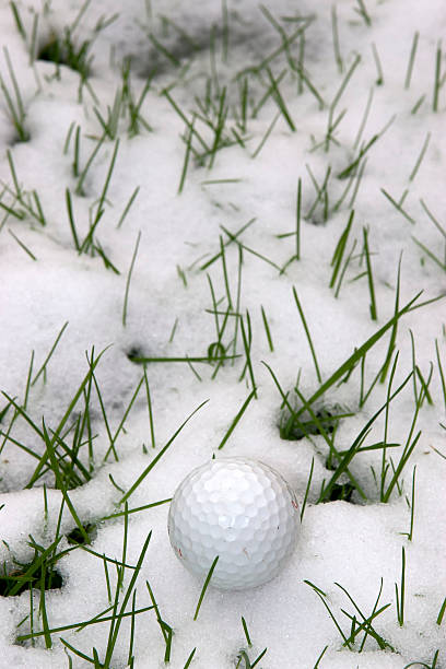 single dimpled golf ball in the snow covered grass stock photo