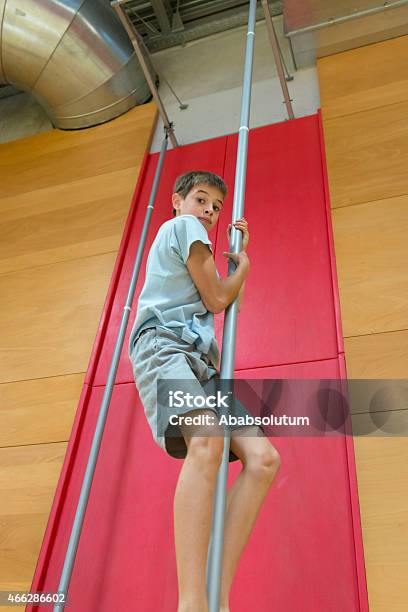 Boy Climbing Montaje En Vertical Polos En Gimnasio Escolar Foto de stock y más banco de imágenes de 10-11 años