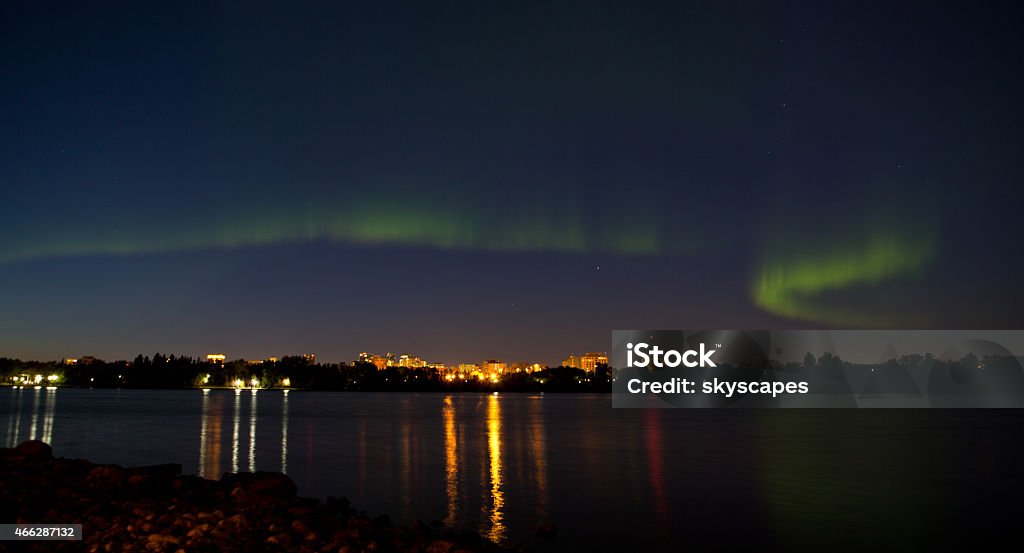 Northern lights over downtown Regina in Saskatchewan Northern lights over downtown Regina in Saskatchewan, with Wascana Lake in the foreground 2015 Stock Photo