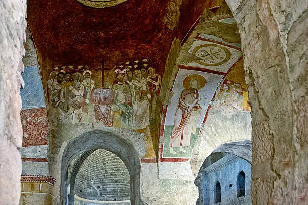 Ancient Byzantine fresco on the wall of St Nicholas church in Demre (Myra), Antalya, Turkey