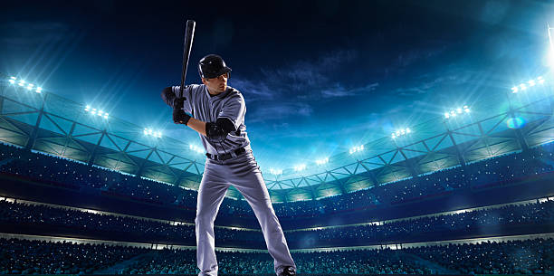 istock Professional baseball players on night grand arena 466288542