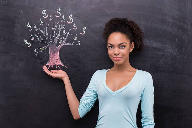 istock Young afro-american woman and dollar tree painted on chalkboard 466292618