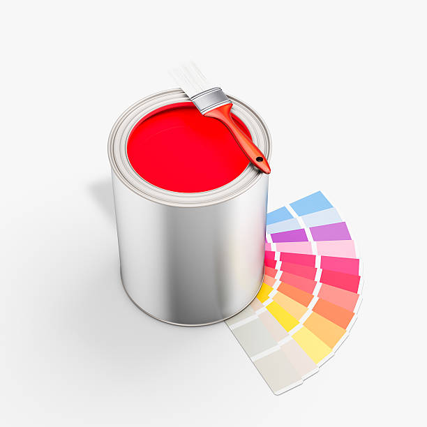 istock red paint bucket,brush and color chart on isolated background 466294378