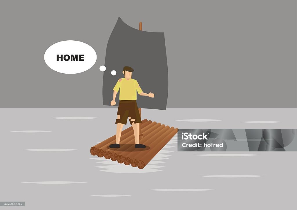 Ragged Shipwreck Survivor Stranded in Sea Vector cartoon of ragged shipwreck survivor stranded on a raft in the sea and feeling desperate and homesick. Wooden Raft stock vector