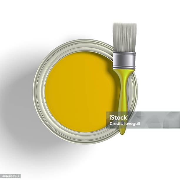 Yellow Paint Bucket And Brush On Isolated White Background Stock Photo - Download Image Now