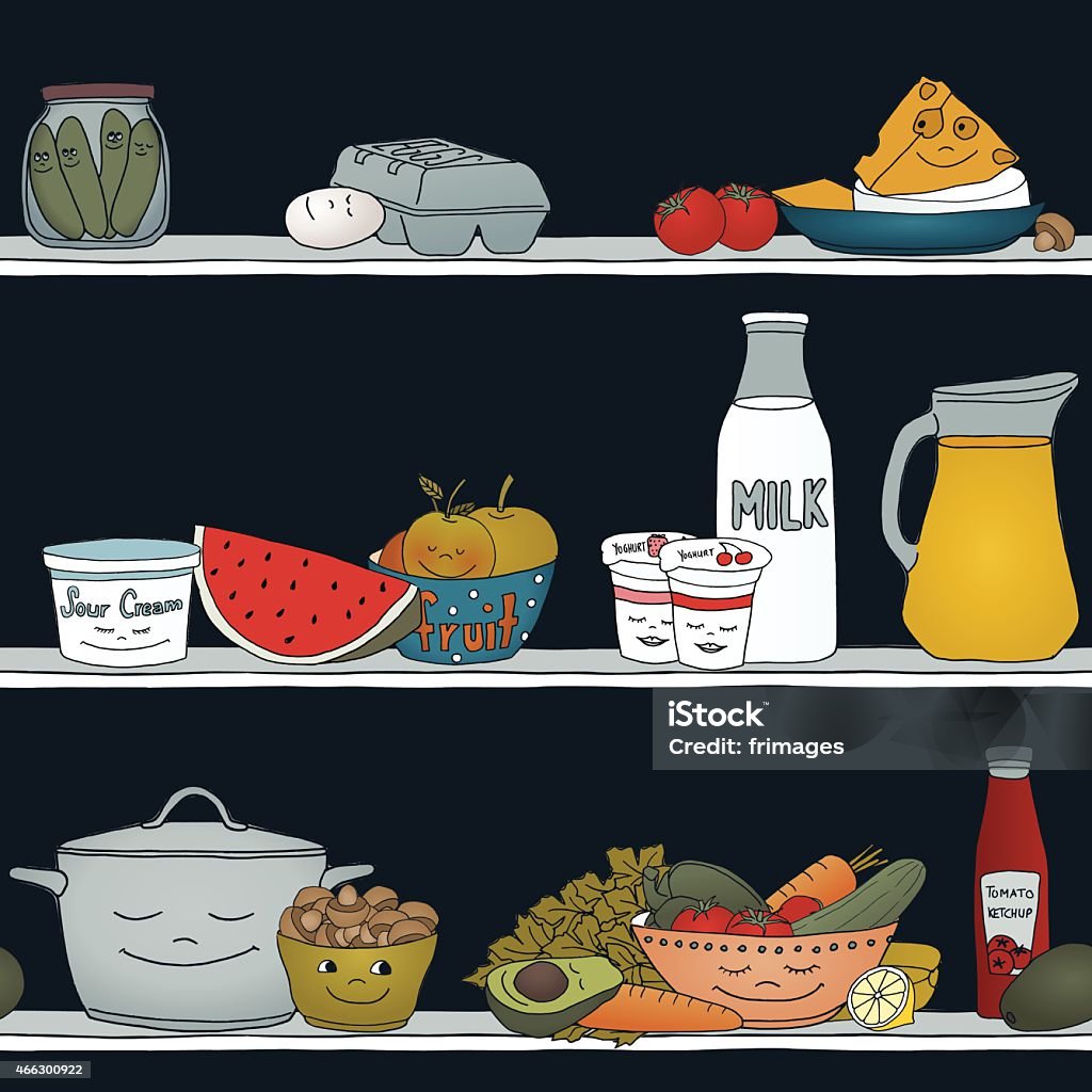 Asleep in the fridge (seamless pattern) Cute illustration of different food items, asleep in a dark fridge  Refrigerator stock vector