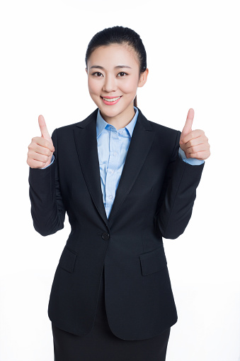 smiling business woman thumb up show. isolated white background.
