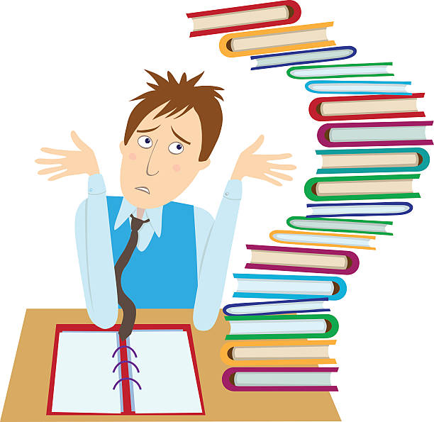 no more homework clipart The sad employee with many folders The sad employee with many folders in office no more homework stock illustrations